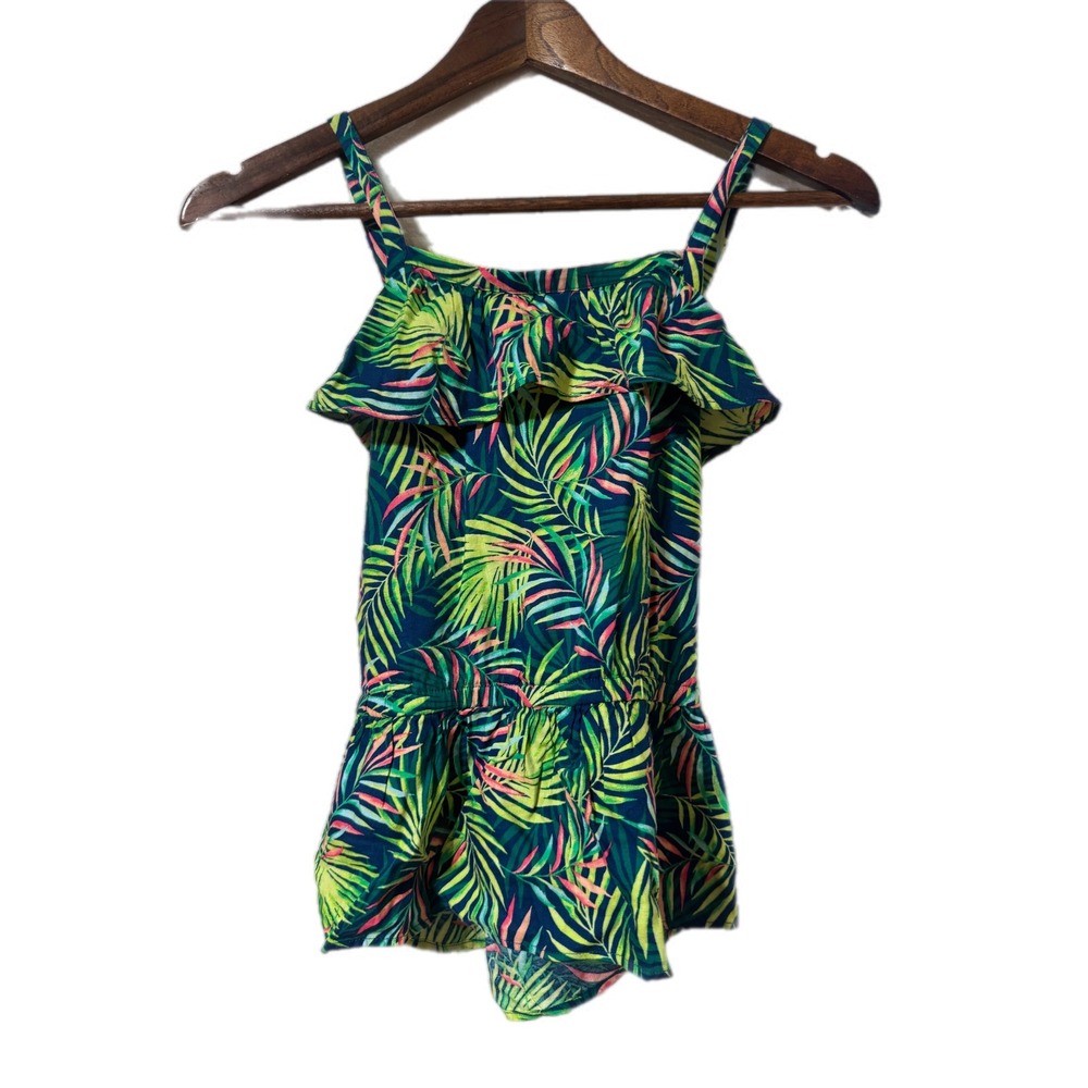 Lands End Tank Top Girls Large 10-12 Green Tropical Palm Ruffle Peplum Excellent